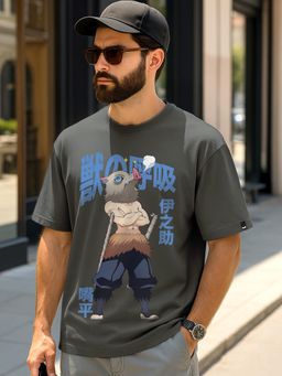Bewakoof - Demon Slayer Men's Dark Shadow Grey Graphic Printed Oversized T-shirt