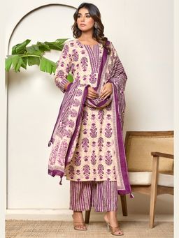 Sindh Fashion - Beige Semi Cotton Floral Printed Kurta with Palazzo and Dupatta (Set of 3)