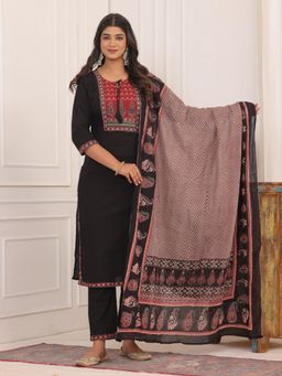 Sindh Fashion - Black Semi Cotton Embroidered Kurta with Pant and Dupatta (Set of 3)