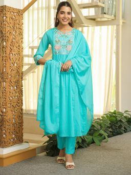 Sindh Fashion - Blue Floral Embroidered Anarkali Kurta with Pant and Dupatta (Set of 3)