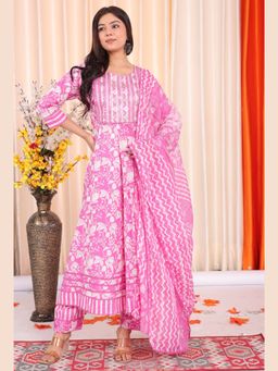 Sindh Fashion - Pink Semi Cotton Embroidered Anarkali Kurta with Pant and Dupatta (Set of 3)