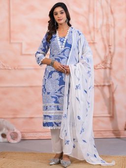 Sindh Fashion - Blue Semi Cotton Floral Printed Kurta with Pant and Dupatta (Set of 3)