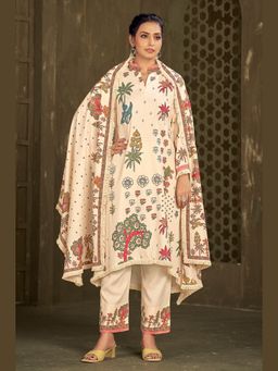 Sindh Fashion - Beige Semi Cotton Floral Printed Kurta with Pant and Dupatta (Set of 3)