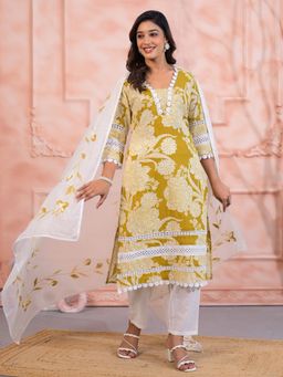 Sindh Fashion - Yellow Semi Cotton Floral Printed Kurta with Pant and Dupatta (Set of 3)
