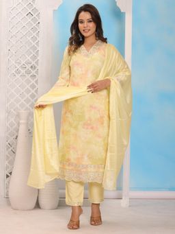 Sindh Fashion - Yellow Semi Cotton Floral Printed Kurta with Pant and Dupatta (Set of 3)