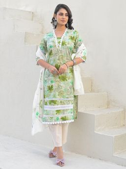 Sindh Fashion - Green Semi Cotton Floral Printed Kurta with Pant and Dupatta (Set of 3)