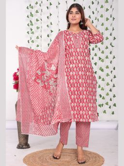 Sindh Fashion - Red Semi Cotton Printed Kurta with Pant and Dupatta (Set of 3)