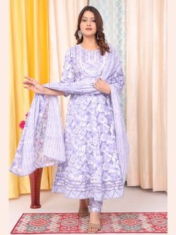 Sindh Fashion - Lavender Semi Cotton Printed Anarkali Kurta with Pant and Dupatta (Set of 3)