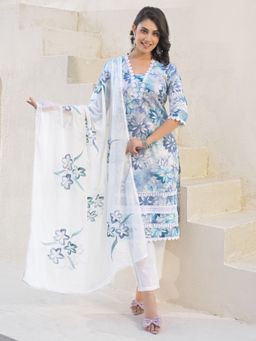 Sindh Fashion - Blue Semi Cotton Floral Printed Kurta with Pant and Dupatta (Set of 3)
