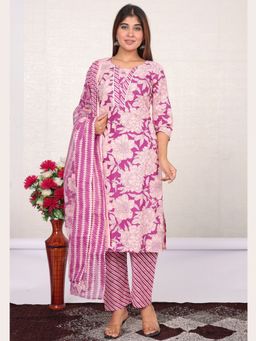 Sindh Fashion - Purple Semi Cotton Floral Printed Kurta with Pant and Dupatta (Set of 3)