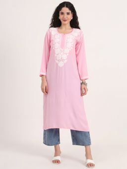 The Chikan Label - Baby Pink Hand-Embroidered Rayon Chikankari Straight Kurta