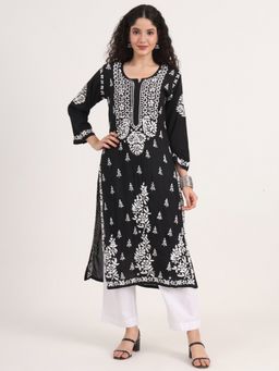 The Chikan Label - Black Hand-Embroidered Rayon Chikankari Straight Kurta