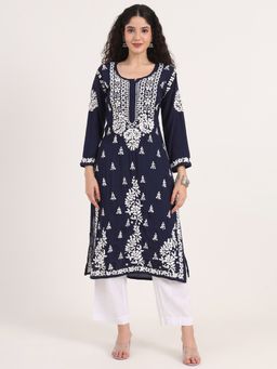 The Chikan Label - Navy Blue Hand-Embroidered Rayon Chikankari Straight Kurta