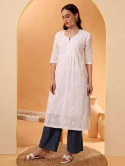 The Chikan Label - White Hand-Embroidered Cotton Chikankari A-Line Kurta