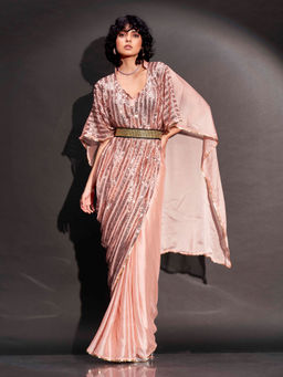 Tikhi Imli - Peach Designer Sequinned Kaftan Saree & Belt with Unstitched Blouse