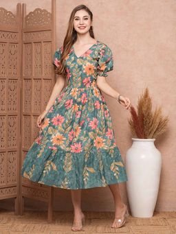 FASHOR - Green Floral Printed A-Line Fit and Flare Midi Dress