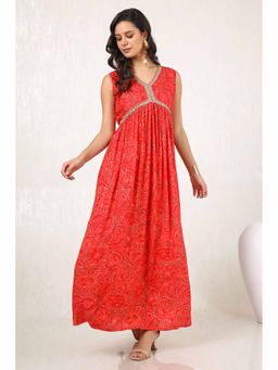 Soch - Women Red Muslin Blend Floral Print Maxi Dress with Beads