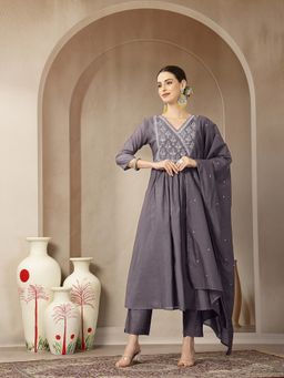 Yufta - Purple Mul Chanderi Beads and Stones Mirror Work Anarkali Kurta with Pant and Dupatta