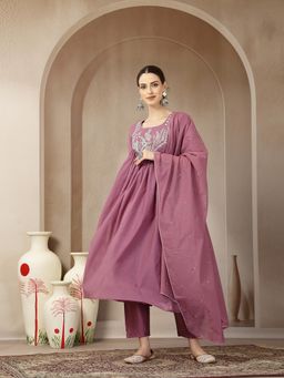 Yufta - Purple Mul Chanderi Sequins Work Anarkali Kurta with Pant and Dupatta