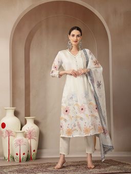 Yufta - Mul Chanderi Cream Kurta with Pant and Dupatta