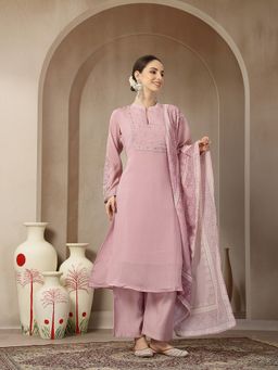 Yufta - Light Pink Mul Chanderi Silk Embroidery A-Line Kurta with Pant and Dupatta