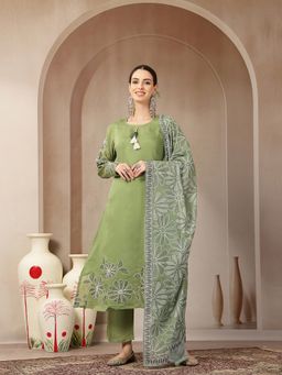 Yufta - Green Mul Chanderi Silk Keyhole Neck A-Line Kurta with Pant and Dupatta