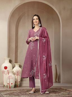 Yufta - Purple Mul Chanderi Kantha Work Anarkali Kurta with Pant and Dupatta