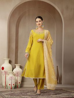 Yufta - Mustard Mul Chanderi Silk Embroidery A-Line Kurta with Pant and Dupatta