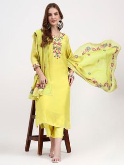 Yufta - Mul Chanderi Lemon Yellow Round Neck Kurta with Pant and Dupatta