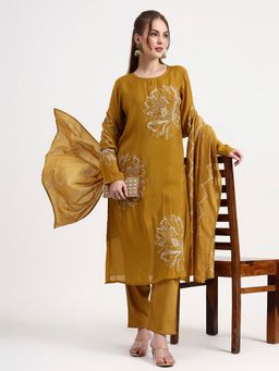 Yufta - Mul Chanderi Mustard Kurta with Pant and Dupatta