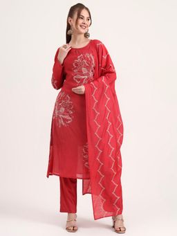 Yufta - Mul Chanderi Red Kurta with Pant and Dupatta