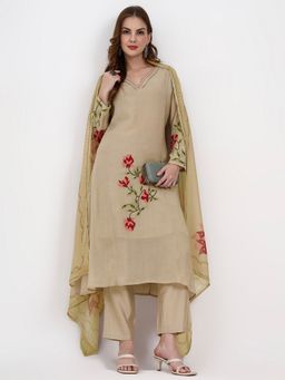 Yufta - Mul Chanderi Beige Kurta with Pant and Dupatta
