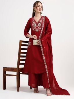 Yufta - Roman Silk Maroon Kurta with Palazzo and Dupatta