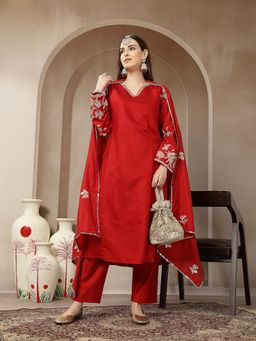 Yufta - Red Dori Embroidery Mirror Work Anarkali Kurta with Pant and Dupatta