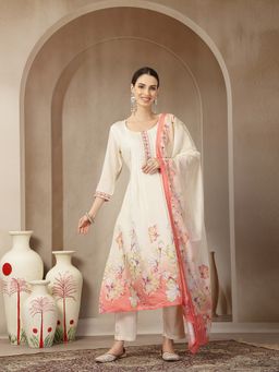 Yufta - Cream and Peach Mul Chanderi Silk Floral Anarkali Kurta with Pant and Dupatta