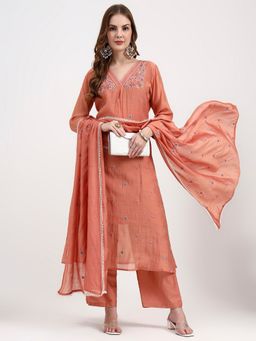 Yufta - Peach Chanderi Silk Kantha Work Anarkali Kurta with Pant and Dupatta