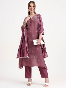 Yufta - Purple Chanderi Silk Kantha Work Anarkali Kurta with Pant and Dupatta