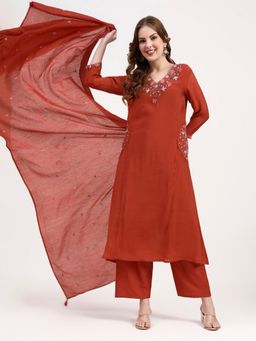 Yufta - Red Mul Chanderi Silk Thread Work Anarkali Kurta with Pant and Dupatta