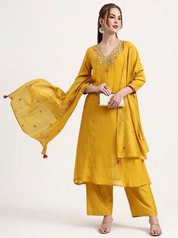 Yufta - Yellow Mul Chanderi Silk Thread Work Anarkali Kurta with Pant and Dupatta
