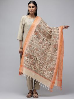 ArtEastri - Orange Ethnic Motifs Printed Pure Cotton Dupatta