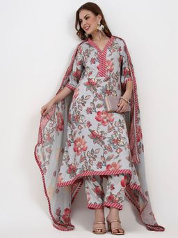 Yufta - Grey Lensing Flare Kurta with Pant and Dupatta