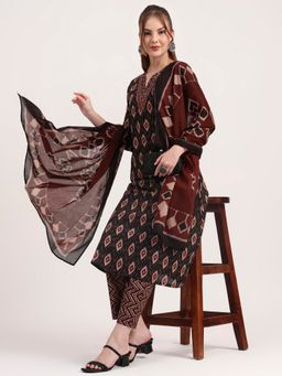 Yufta - Black Pure Cotton Ethnic Print A-Line Kurta with Pant and Dupatta