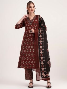 Yufta - Maroon Pure Cotton Ethnic Print A-Line Kurta with Pant and Dupatta