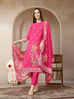 Yufta - Pink Chanderi Silk Floral Goldan Print Straight Kurta with Pant and Dupatta