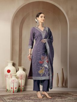 Yufta - Purple Chanderi Silk Floral Goldan Print Straight Kurta with Pant and Dupatta