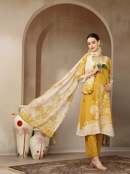Yufta - Mul Chanderi Yellow Kurta with Pant and Dupatta