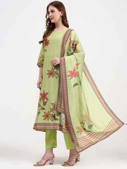 Yufta - Mul Chanderi Green Kurta with Pant and Dupatta