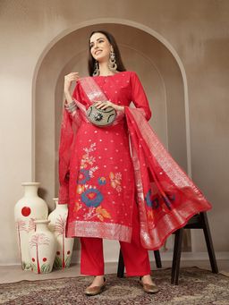 Yufta - Red Chanderi Silk Floral Goldan Print Straight Kurta with Pant and Dupatta