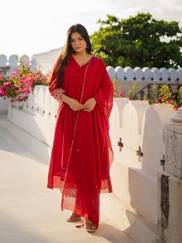 Aravalii - Red Crimson Elegance Embroidered Kurta with Pant and Dupatta