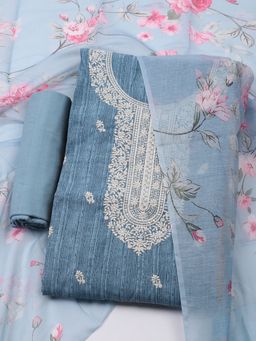 MEENA BAZAAR - Embroidered Blue Chanderi Unstitched Dress Material with Dupatta
